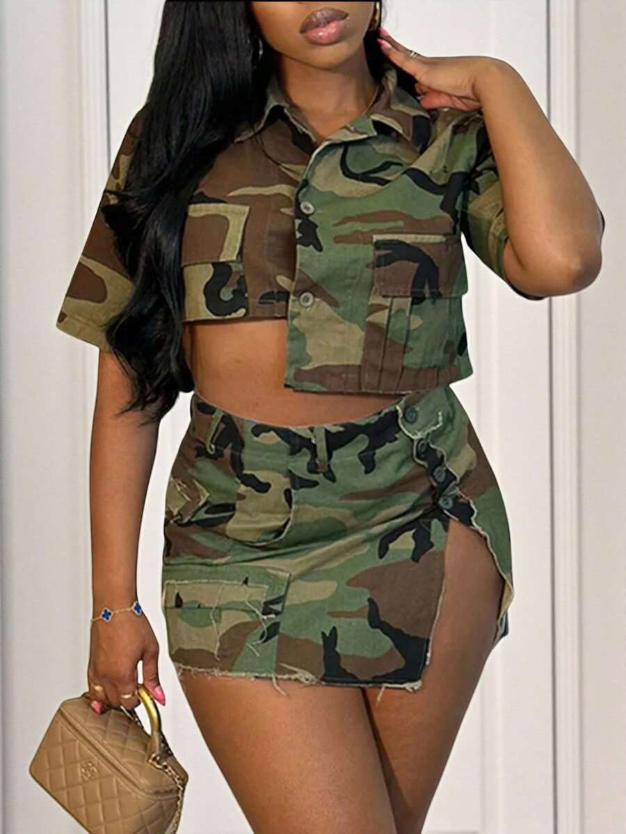 Slaydiva Women's Asymmetrical Cropped Denim Shirt With Camouflage Print, Single-Breasted Pockets, Y2K Style, Fashionable For Outings, Christmas, New Year's, And Valentine's Day. - Multicolor - View 1