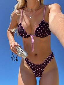 Swim Mod 女士夏季波点印花性感吊带蝴蝶结比基尼两件套泳衣沙滩度假套装 - 彩色 - 查看 1