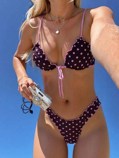 Swim Mod Women's Summer Polka Dot Print Sexy Strap Tie Bow Bikini 2-Piece Swimsuit Beach Holiday Set