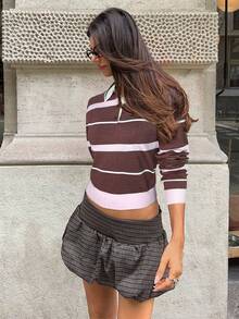 Aloruh 女士宽松条纹高领毛衣，学院风，撞色设计，棕色和粉色 - 粉色 - 查看 6