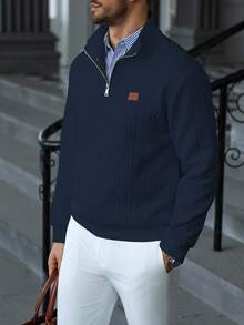 Manfinity Homme 男士加大码休闲纯色纹理立领拉链卫衣，男士新款秋季简约休闲套头拉链卫衣，适合日常通勤和旅行的百搭单品，男士绞花针织卫衣，男士针织衫，四分之一拉链卫衣 - 藏蓝色 - 查看 5