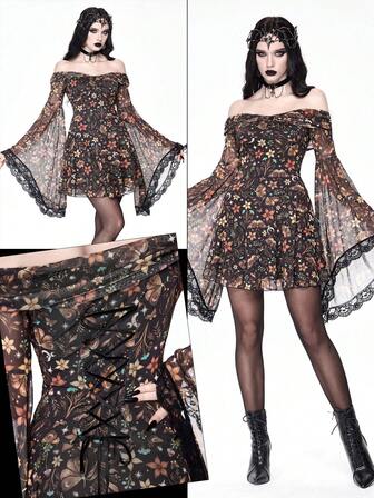 Robe évasée à manches évasées avec imprimé tout-sur-tout de feuille fanée gothique vintage, papillon de nuit, floral, étoile et champignon