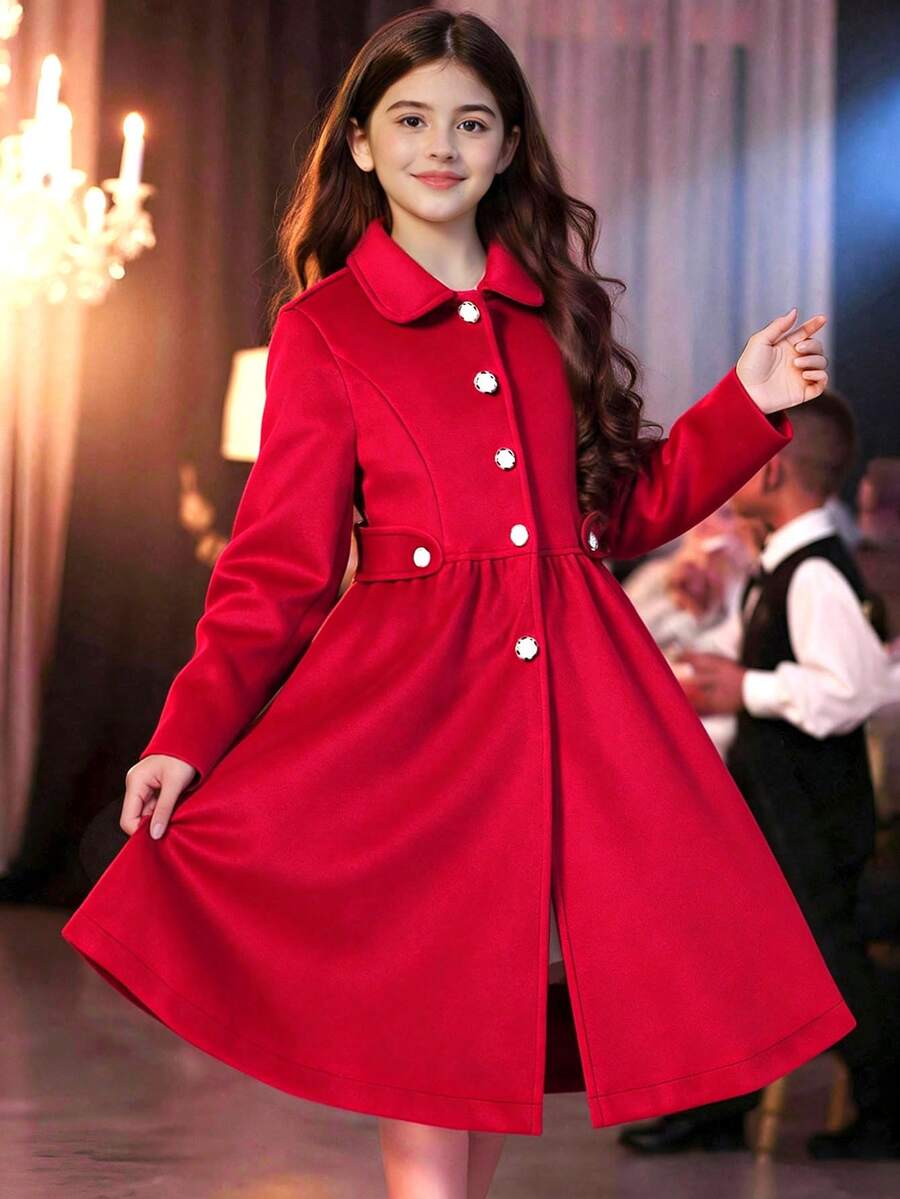 Tween Girls Single-Breasted Stylish Lapel Mid-Length Flared Overcoat