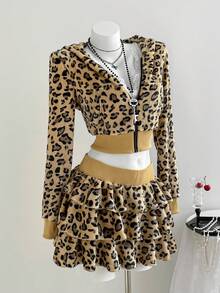 Elamini Bộ 2 món gồm áo khoác dài tay có mũ trùm đầu lót lông in họa tiết da báo và chân váy ngắn xếp ly dành cho nữ, trang phục thanh lịch, cổ điển, sang trọng cho tiệc tùng, lễ tốt nghiệp, mặc hàng ngày, mùa thu/đông. - màu nâu - Xem 4