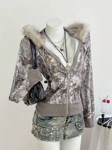 Elamini 女士灰色拼接毛领拉链卫衣，秋冬季休闲套头衫，适合日常穿着、上学、毕业典礼、复古街头风、通勤、休闲、运动、居家穿着。 - 彩色 - 查看 3