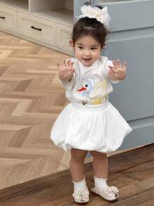 DAZY Toddler Girls' Round Neck Cartoon Embroidered Casual Top, Summer Spring - White - View 5