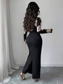 Rafferiza Women's Cross-Neck Deep V-Neck Design, Mesh Embroidery, Three-Dimensional Flowers, Knitted Tight Stretch Dress, Valentine's Day,Suitable For Daily Wear, Weddings, Banquets, Daily Commutes, Graduation Parties, Festival Events - Black - View 2