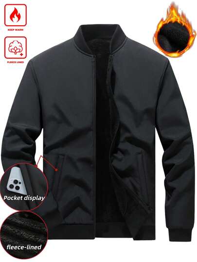 Manfinity Homme Plus Size Men's Solid Color Baseball Collar Pocket Zip-Up Casual Versatile Outdoor Long Sleeve Jacket, Autumn/Winter Men Winter Jacket Men Zip Up Jacket Mens Jacket Casual Black Jacket For Men