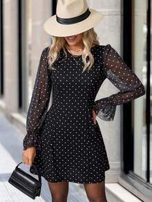 Solivie Women's Polka Dot Print Round Neck Flare Sleeve Elegant Short Dress Black And White Polkadot Dress Long Sleeve Elegant Dress Black Mesh Dress - Black - View 7