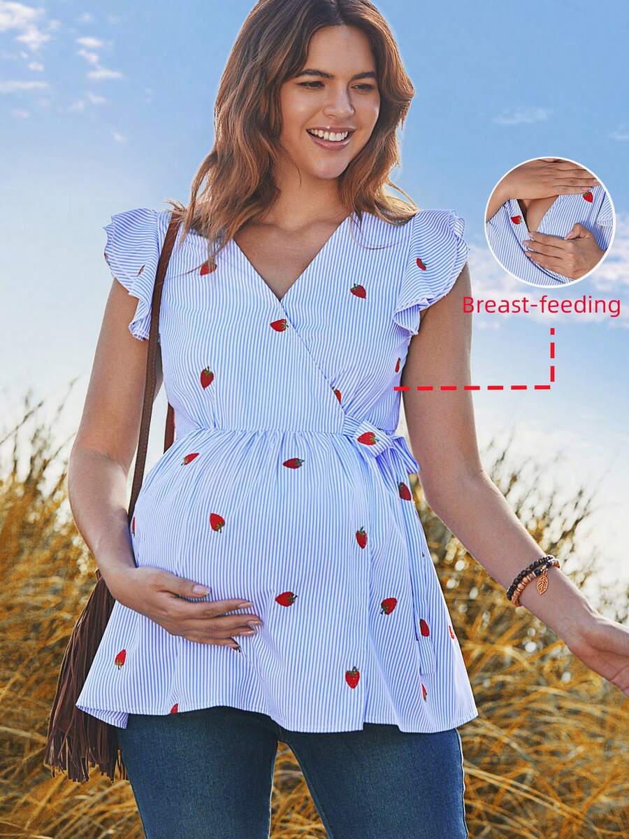 Boho Mama Spring Women Maternity Summer Casual Striped Strawberry Print Tie-Front Nursing Top - Blue - View 1