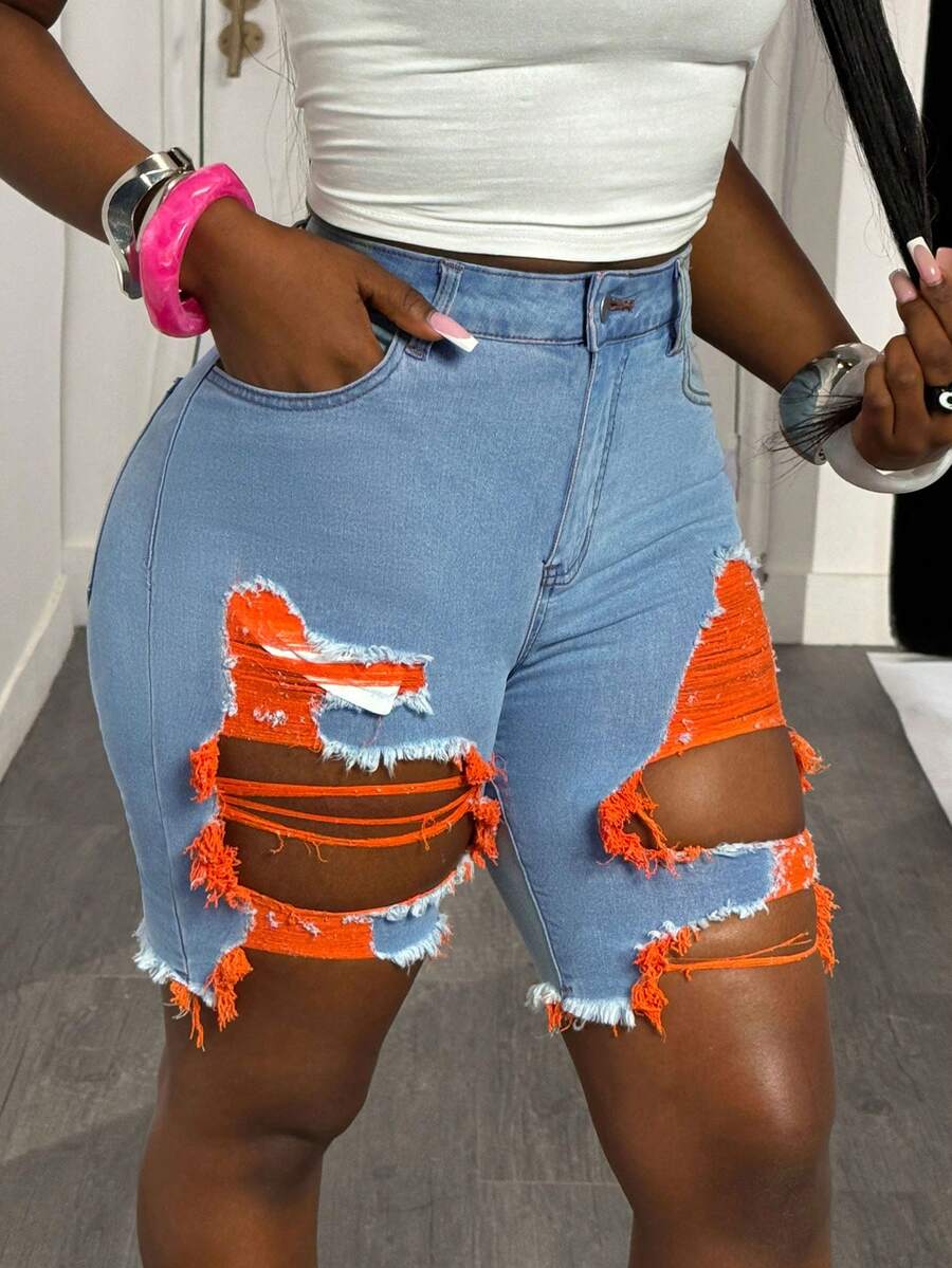 Slaydiva 大码破洞修身牛仔短裤 - 淺色水洗藍 - 查看 1