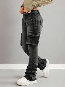 Tween Girls' Pocketed Button Utility Casual Flare Pants, Versatile For Daily Wear - Black - View 7