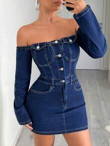 Jeanoix Y2K Women's Fitted Casual Sexy Versatile Denim Camisole Dress With Long Sleeves - Dark Wash - View 5