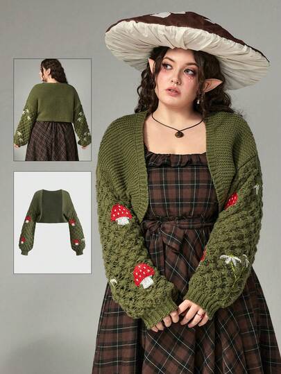 Plus Size Vintage Fairycore Mushroom & Floral Cropped Long Sleeve Knit Cardigan, Autumn/Winter