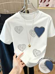 Resyla Women's Regular Fit Heart & Faux Pearl Elegant Short Sleeve Round Neck T-Shirt, Summer