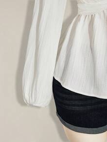 SHEIN ICON Plus Size Women Twist Knot Textured Black Lantern Sleeve Top - White - View 4