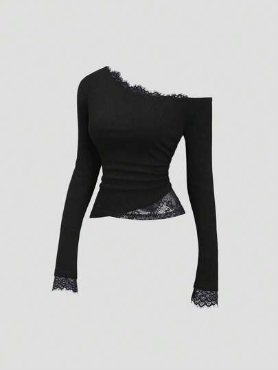 Sweetra Sexy Lace Patchwork Asymmetric Shoulder Slim Fit Pullover Top With Asymmetrical Hem, Stylish Design For Women, Autumn/Winter