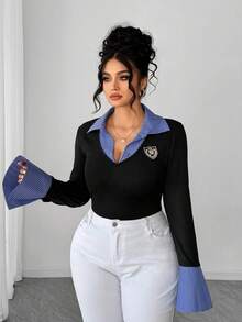 Elenzga 大码优雅条纹拼接装饰二合一长袖修身T恤 - 黑色 - 查看 1