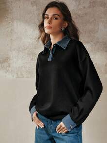 Anewsta Women's Modern Washed Denim Patchwork Loose Polo Collar Sweatshirt - Black - View 1