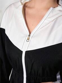 Modelyn 2pcs/Set Plus Size Contrast Color Hooded Zip-Up Long Jacket And Drawstring Pants Fall - Black and White - View 4