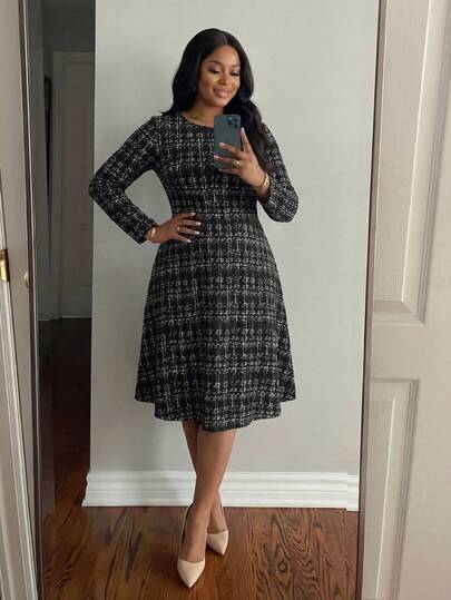 SHEIN Lady 大码格子印花圆领优雅办公室长袖连衣裙