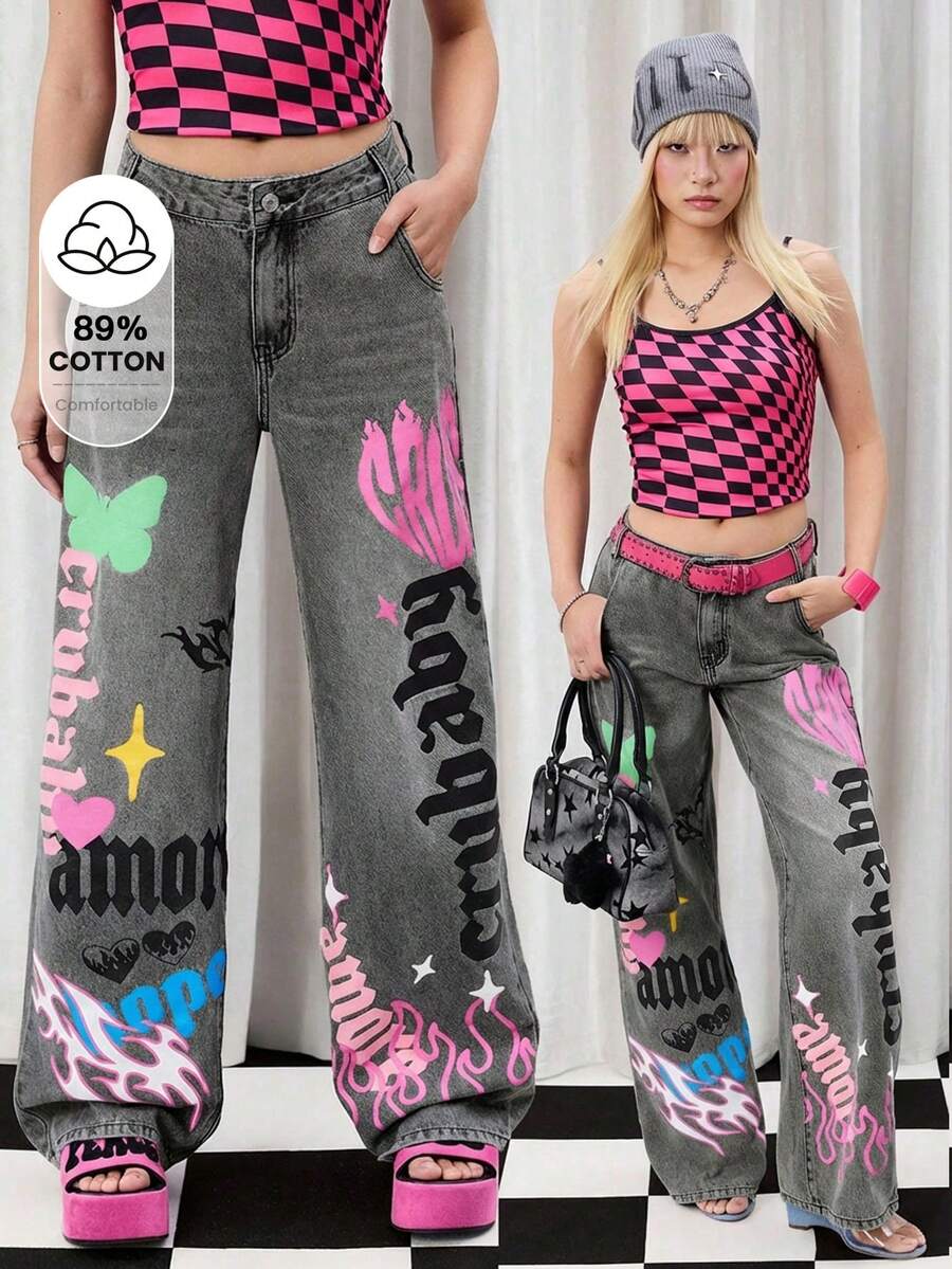 Y2Kool Vecteezy 女士冬季新年休闲宽松直筒牛仔裤，纽扣口袋，日常穿着，搭配灵感包括印花牛仔裤、Y2K牛仔裤、设计牛仔裤、火焰牛仔裤等，时尚服饰系列，新年穿搭，Emo裤，图案牛仔裤，辣妹棉质牛仔裤。 - 灰色 - 查看 1