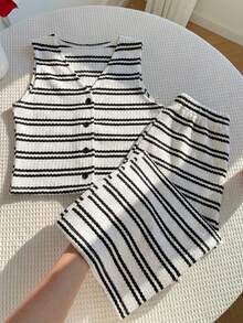 Sparklyn Kid 'Girls' Spring And Summer Two Pieces Set Knitted Striped Short Vest Sleeveless Pants Casual Versatile Commuting Street Button Closure Texture Daily Wear - White - View 1