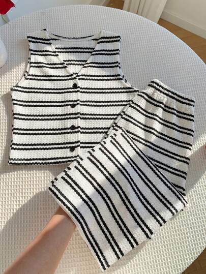 Sparklyn Kid 'Girls' Spring And Summer Two Pieces Set Knitted Striped Short Vest Sleeveless Pants Casual Versatile Commuting Street Button Closure Texture Daily Wear