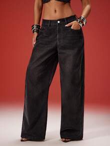 Denimoi Washed Denim Velvet Affect Straight Leg Baggy Jeans - Black - View 2