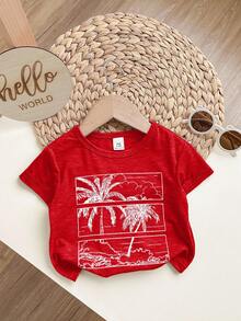 Cartoon Coconut Tree Pattern Soft Knit Crew Neck Short Sleeve Top For Baby Boys & Girls - Red - View 4