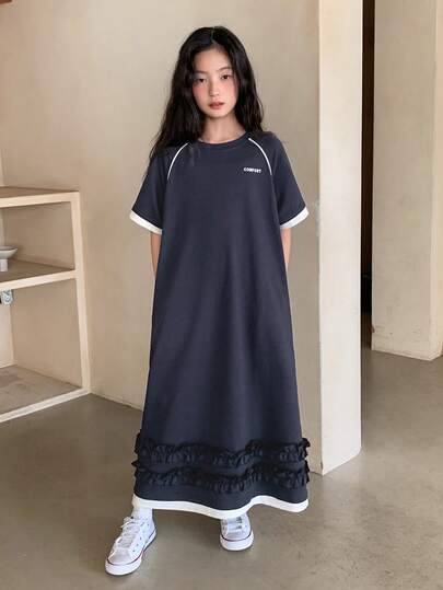 Dazy Kids Đầm midi dệt kim phối màu dành cho bé gái tuổi teen