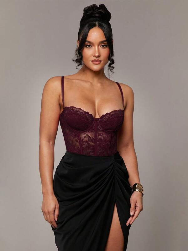 Silquee Body de encaje rojo sexy, body de manga larga ajustado y transparente con parches de encaje y tirantes de espagueti, versátil para uso diario, citas y salidas