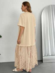 SHEIN Essnce 女士大码长裙，假两件式连衣裙，蕾丝拼接连衣裙，透视连衣裙，白色连衣裙，夏季连衣裙，毕业礼服，生日礼服，节日连衣裙，白色连衣裙，优雅高贵 - 杏色 - 查看 2