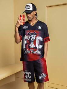 Felix The Cat X SHEIN Herrset med 1 set kortärmad t-shirt och shorts, bokstäver och tecknad grafik, V-ringad - Svart - Visa 5