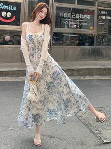 DAZY 女士印花吊带中长连衣裙，适合派对、生日和特殊场合，春季复活节连衣裙 - 藍色 - 查看 6