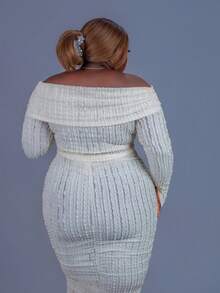 CurvyTilda Damen Große Größen Set aus texturiertem Off-Shoulder Langarm Crop Top und Rock in Unifarbe, 2-teilig, für Herbst/Winter - Aprikosenfarben - Übersicht 5