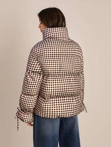 Easelle 复古休闲宽松系带棕色格子绗缝外套，女士保暖外套 - 棕色 - 查看 2