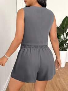SHEIN EZwear 大码春夏休闲通勤纯色背心短裤套装，商务休闲女装毕业季、返校季、秋冬教师装 - 深灰色 - 查看 2