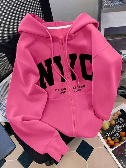 Franclia Plus Size Women Outerwear Jacket, Autumn/Winter Coat, Rose Red, Graphic Design, Letter Print, Outdoor Casual Style, Plus Size Zip-Up Jacket