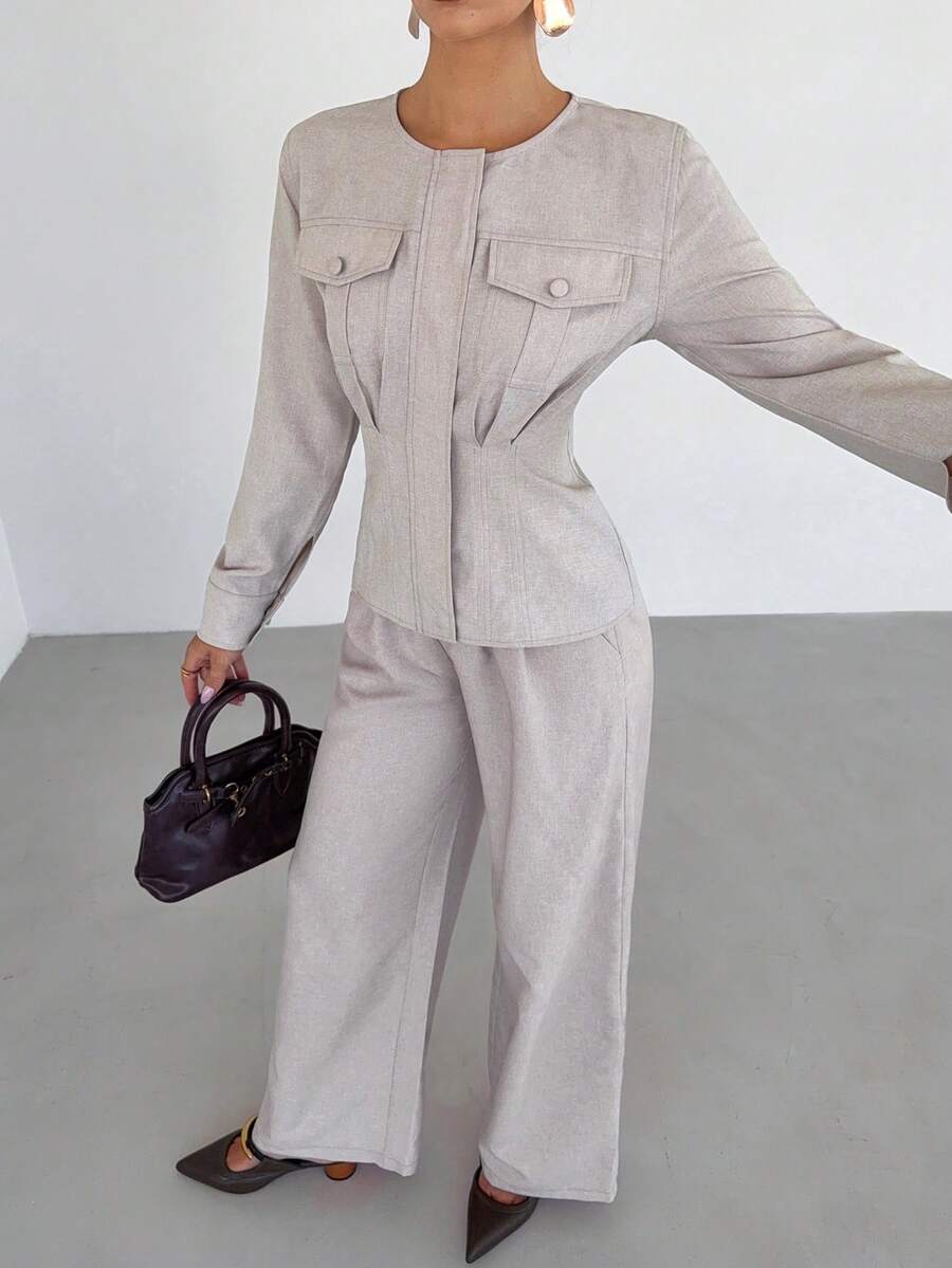 Siren Gaze 2pcs Beige Round Neck Button Waist Jacket And Pants Set ...