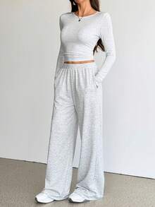 SHEIN Tall Women's Casual Long Sleeve Top And Pants 2 Pieces Set, Autumn Two Piece Set Women Comfy Long Sleeve Two Piece Set Casual Two Piece Set Casual Spring/Summer Women's Gym Clothes - Grey - View 7