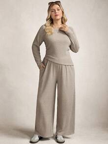 Zelara Khaki,Autumn,Curve,Smart Casual,Loungewear Plus Size Solid Color Top And Wide Leg Pants 2 Pieces Set,Women's Winter Sweater Sets Comfy Neutral Clothes - Apricot - View 5