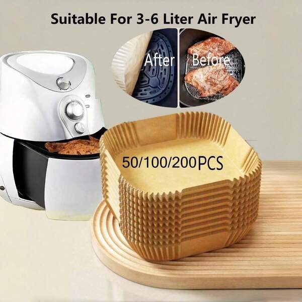 方形/圆形一次性空气炸锅内衬 50/100/200片装 6.3英寸纸质空气炸锅内衬 不粘烤盘 烤箱配件 厨房小工具 厨房配件 圣诞节和万圣节礼物 新年礼物
