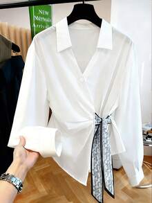 Franclia 女士休闲法式白色高腰衬衫，新款独特小众华丽丝巾装饰长袖上衣，秋季款 - 白色 - 查看 1