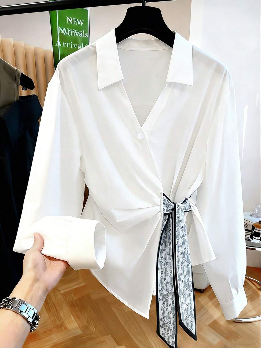 Franclia 女士休闲法式白色高腰衬衫，新款独特小众华丽丝巾装饰长袖上衣，秋季款 - 白色 - 查看 1