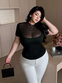 Vibekara 大码网眼拼接透视性感纯色修身休闲T恤 - 黑色 - 查看 3