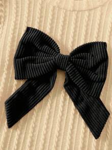 Elladie kids 4-7 岁女童休闲甜美白色针织提花蝴蝶结装饰荷叶边长袖圆领上衣和粉色灯芯绒松紧腰百褶裙，适合日常穿着、休闲外出 - 黑色 - 查看 5