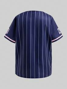 SHEIN 少女黑色条纹复古字母印花宽松外套、黄色修身吊带背心和黄色短裤 - 寶藍色 - 查看 5