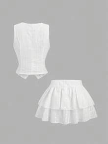 Sweetra Romantic Sweet Vacation & Party V-Neck Sleeveless Blazer Vest & Ruched Low Waist Mini Skirt 2 Pieces Set - White - View 2