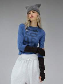 COUREZ Long Sleeve Jersey Top With Front Graphic Print /Y2K Long Sleeve Tops Going Out Tops Women Tops Spring Clothes For Women Blue Top Graphic Tees Women Cute Tops Summer Tops Summer Outfits - Blue - View 7